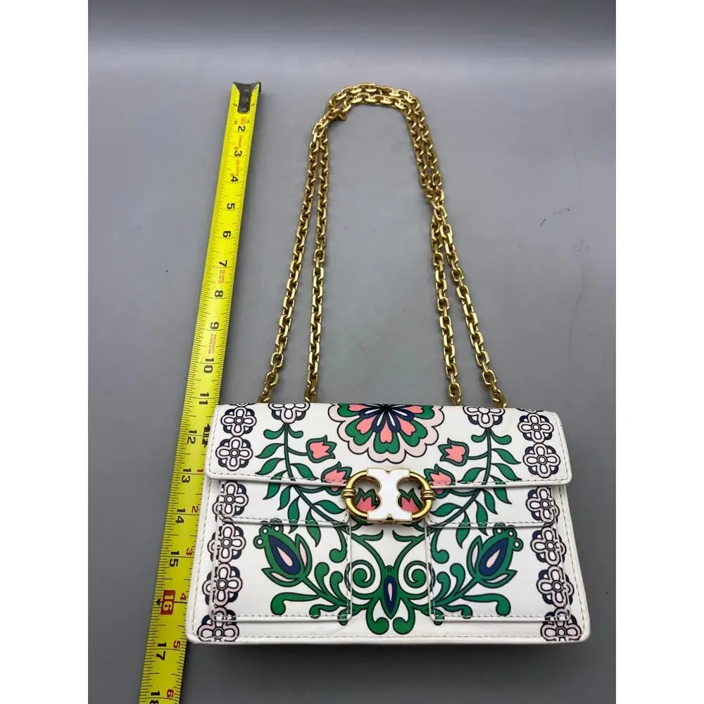 $625 Tory Burch White Garden Party Gemini Link Tri-Fold Leather Shoulder Bag